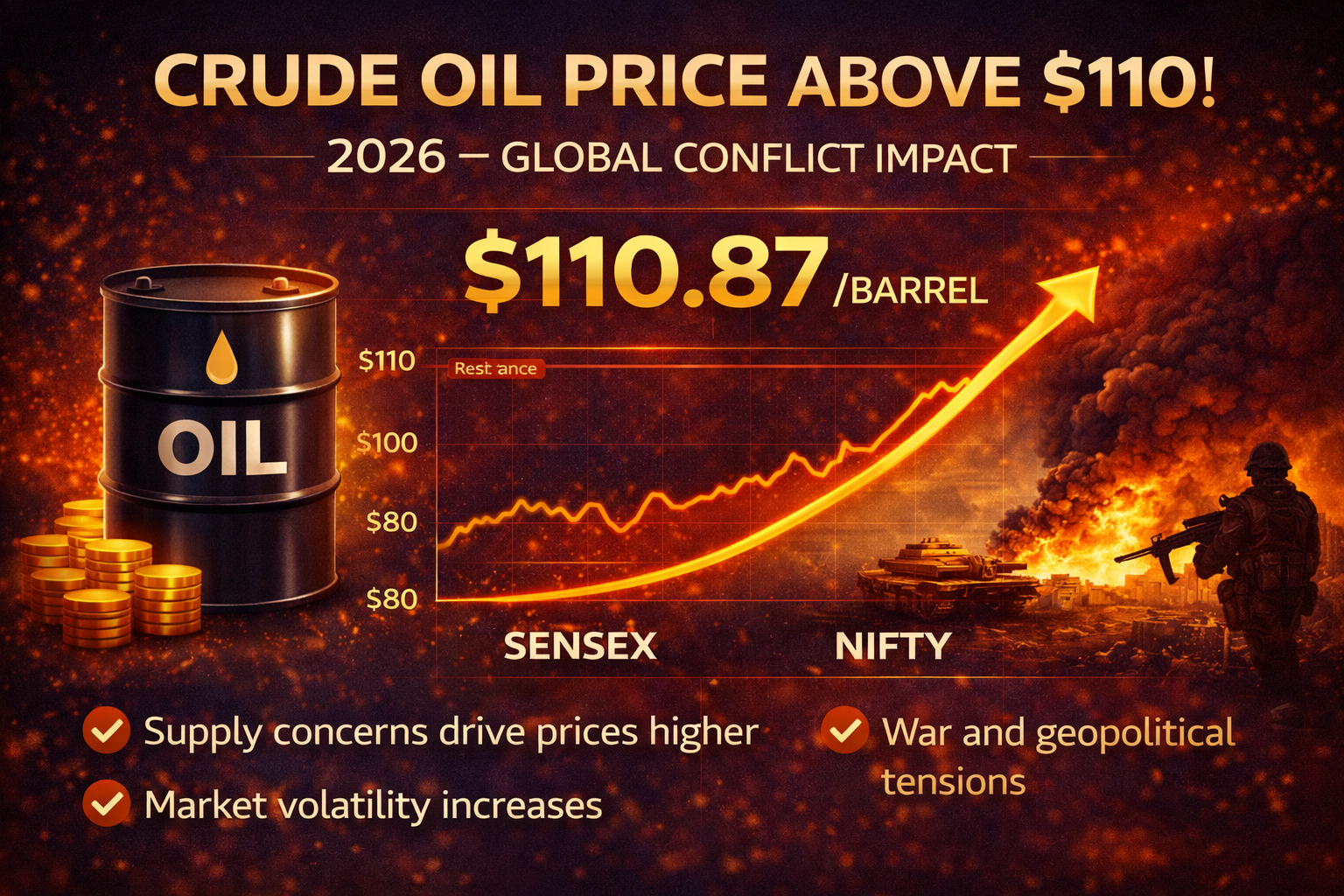crude oil price above 110 dollars 2026 global conflict impact chart